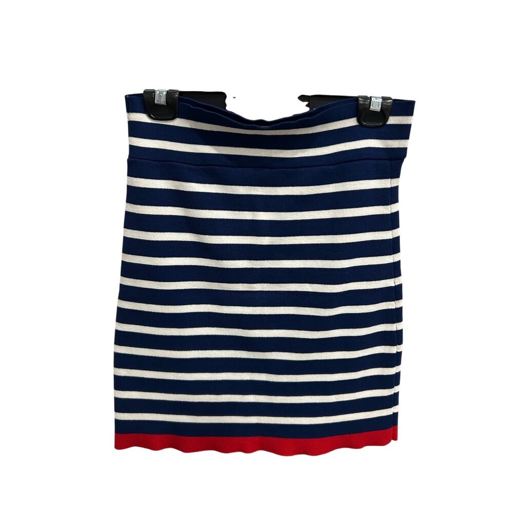 Poof Womens Navy White Striped Knit Skirt Red Hem Size Large Preppy Nautical